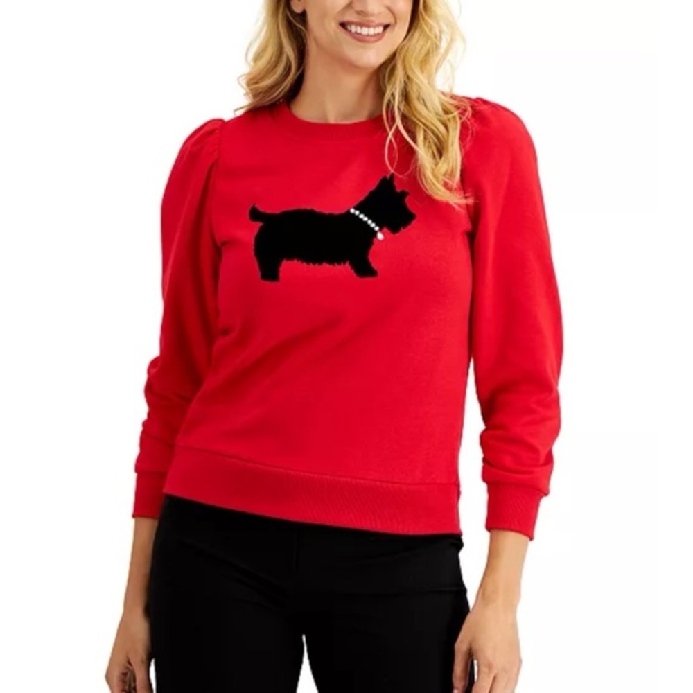 Charter Club Red Scottie Dog Puff Sleeve French Terry Sweatshirt Preppy Size M